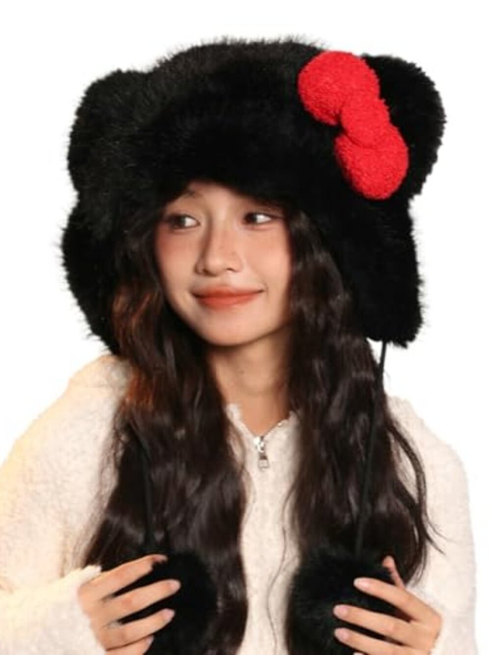 Winter Cute Faux Fur Trapper Hat for Women Cartoon Animal Ear Sherpa Beanie Hat